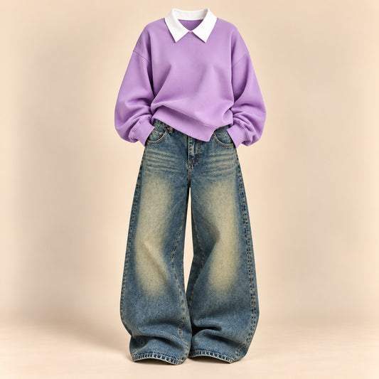 LILAC COLLAR SWEATSHIRT WITH GREENISH WALI VINTAGE FADED JEANS