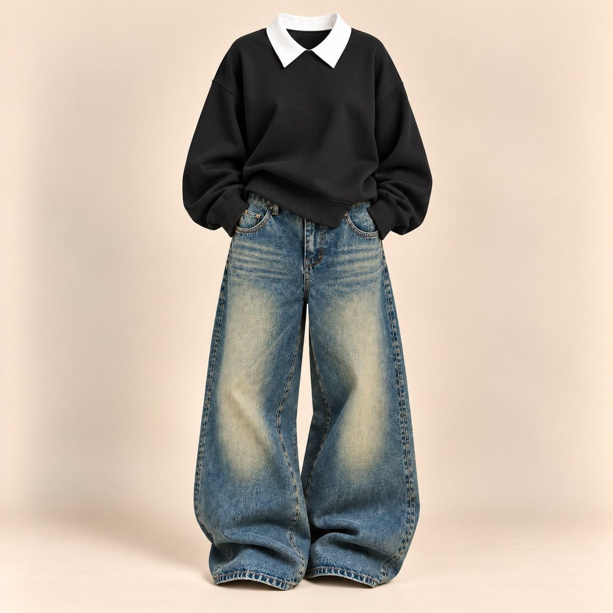 BLACK COLLAR SWEATSHIRT WITH GREENISH WALI VINTAGE FADED JEANS