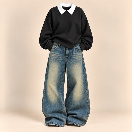 BLACK COLLAR SWEATSHIRT WITH GREENISH WALI VINTAGE FADED JEANS