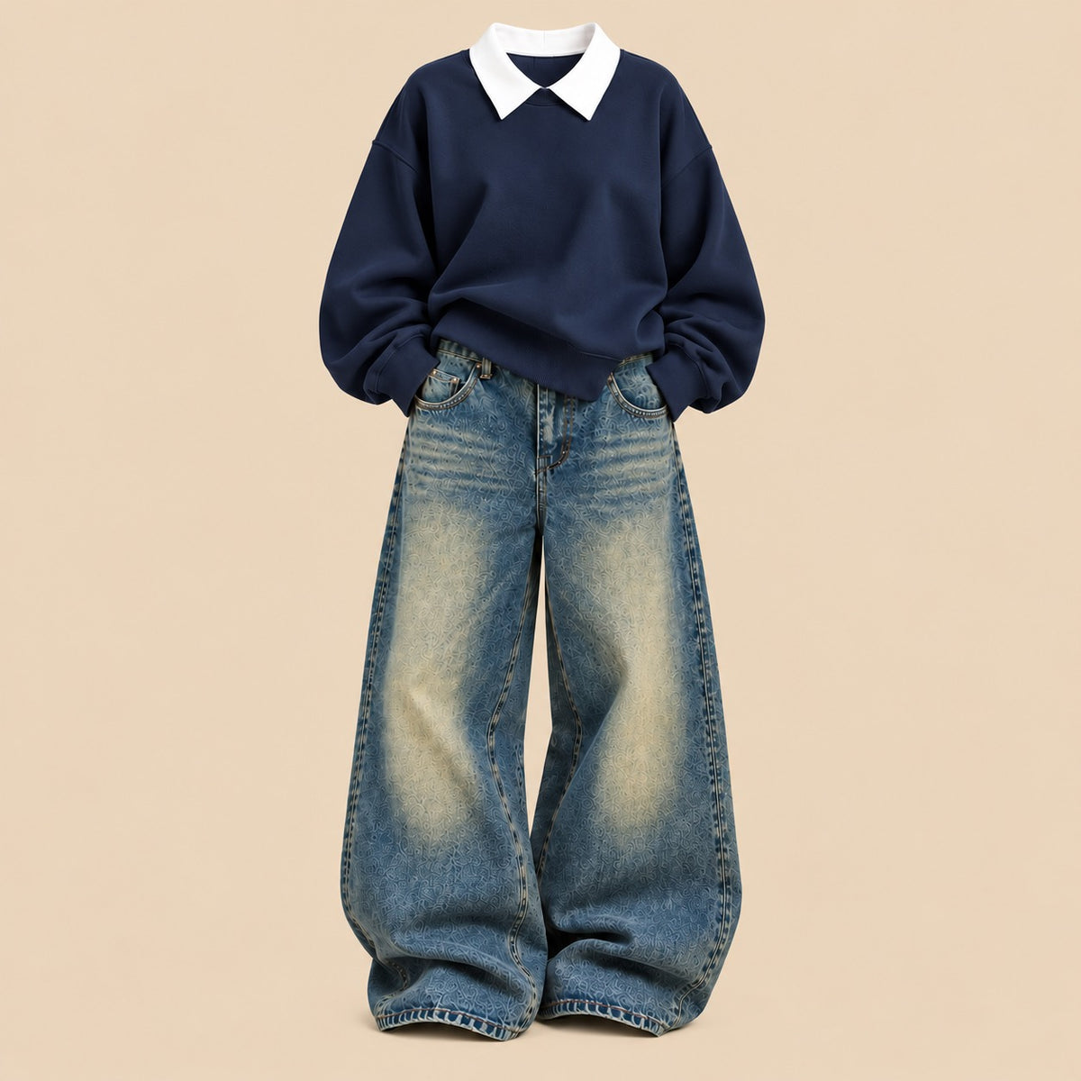 NAVY BLUE COLLAR SWEATSHIRT WITH GREENISH VINTAGE FADED JEANS