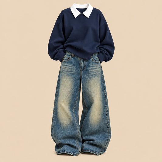 NAVY BLUE COLLAR SWEATSHIRT WITH GREENISH VINTAGE FADED JEANS