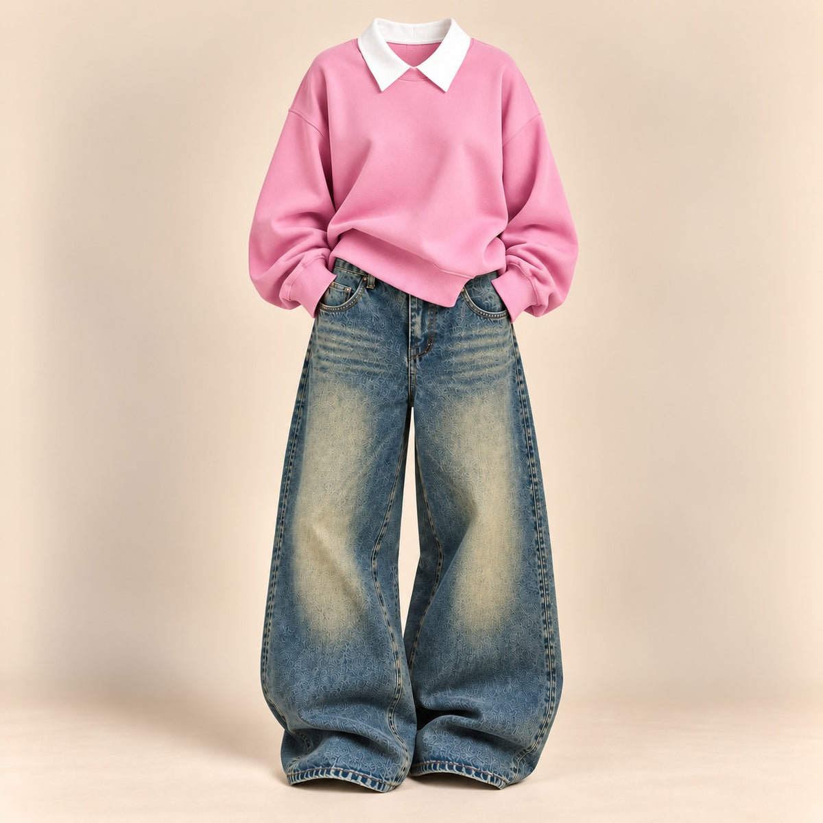 PINK COLLAR SWEATSHIRT WITH GREENISH WALI VINTAGE FADED JEANS