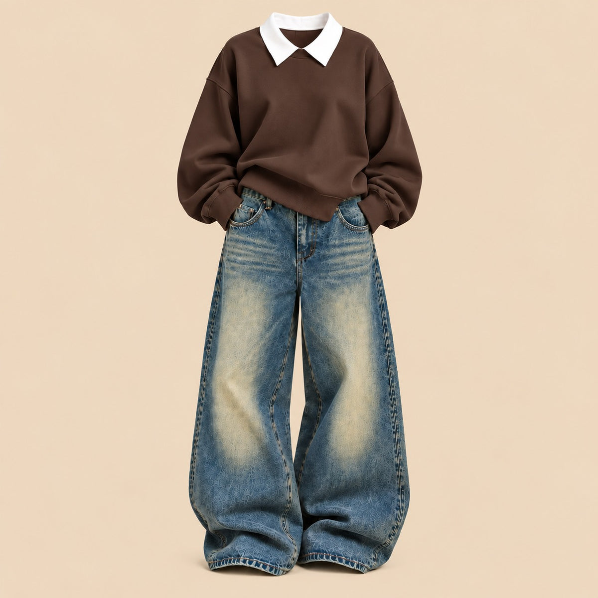 BROWN COLLAR SWEATSHIRT WITH GREENISH WALI VINTAGE FADED JEANS