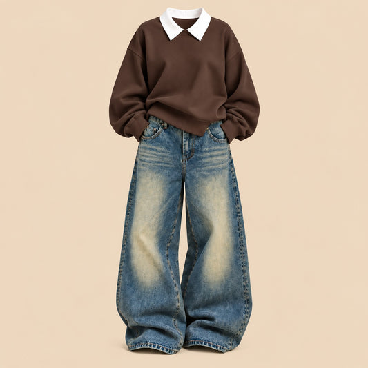 BROWN COLLAR SWEATSHIRT WITH GREENISH WALI VINTAGE FADED JEANS