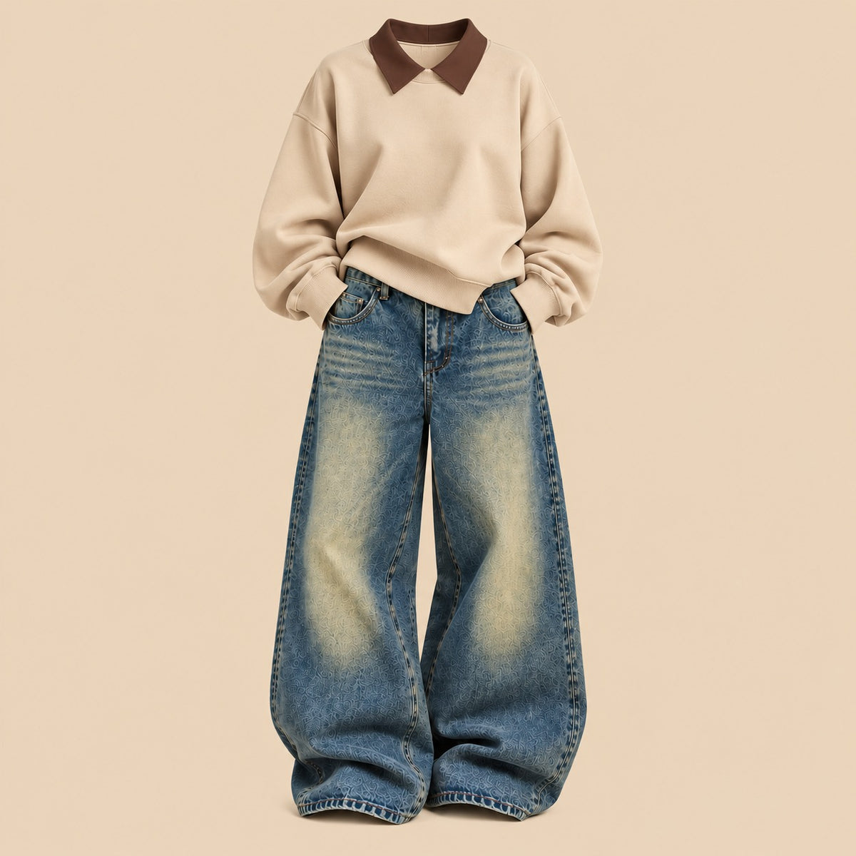 BEIGE SWEATSHIRT BROWN COLLAR SWEATSHIRT WITH GREENISH WALI VINTAGE FADED JEANS