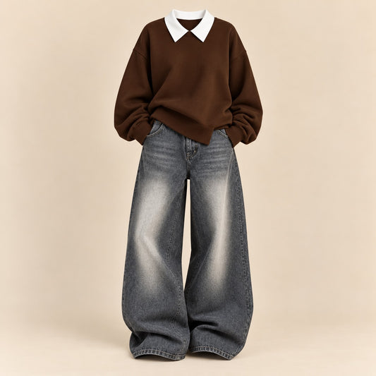 BROWN COLLAR SWEATSHIRT WITH GREYISH VINTAGE FADED JEANNE