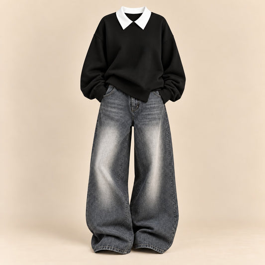 BLACK COLLAR SWEATSHIRT WITH GREYISH VINTAGE FADED JEANNE