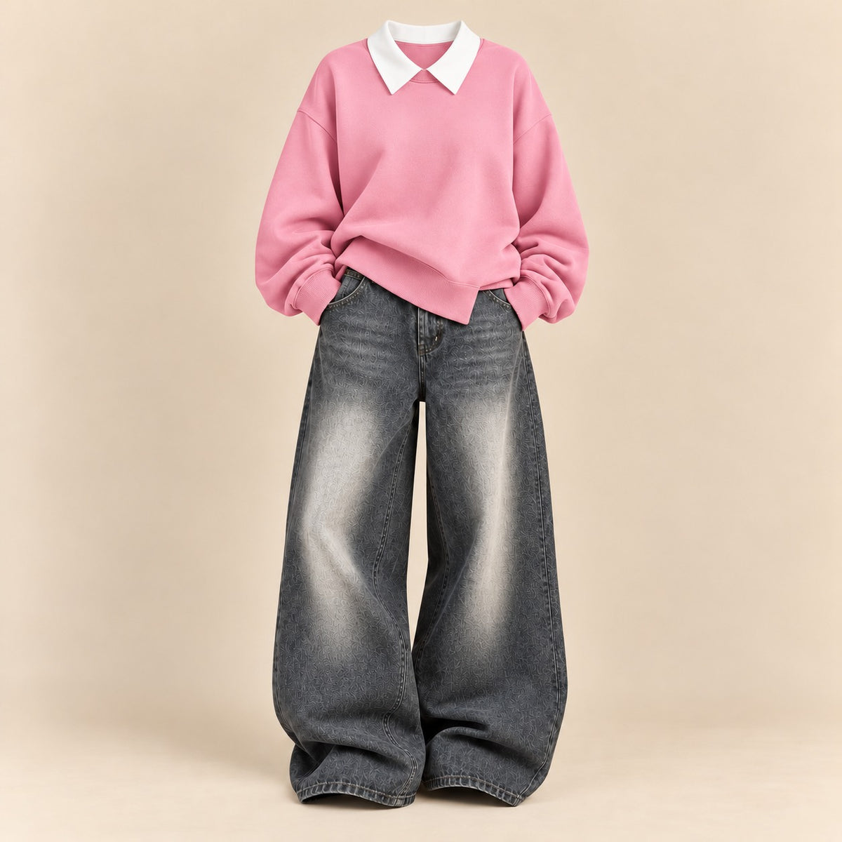 PINK COLLAR SWEATSHIRT WITH GREYISH VINTAGE FADED JEANNE