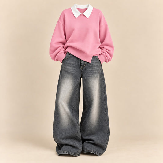 PINK COLLAR SWEATSHIRT WITH GREYISH VINTAGE FADED JEANNE