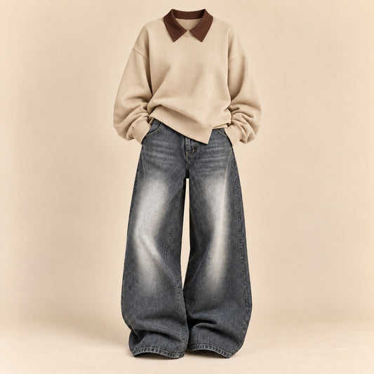 BEIGE SWEATSHIRT BROWN COLLAR  WITH GREYISH VINTAGE FADED JEANNE