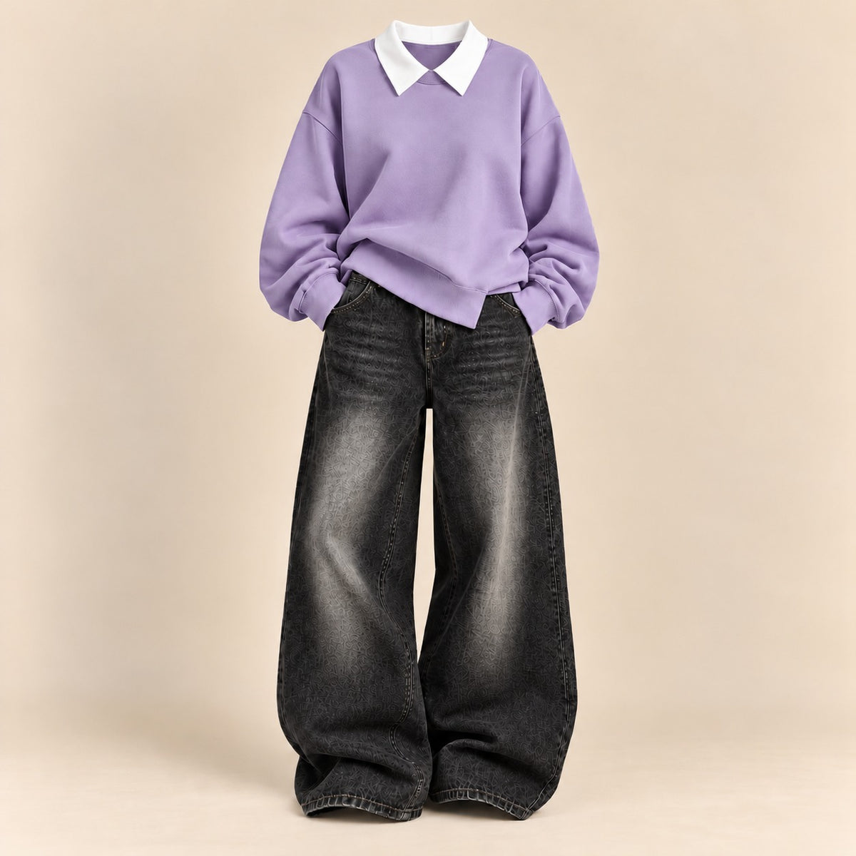 LILAC COLLAR SWEATSHIRT WITH BLACK VINTAGE FADED JEANNE