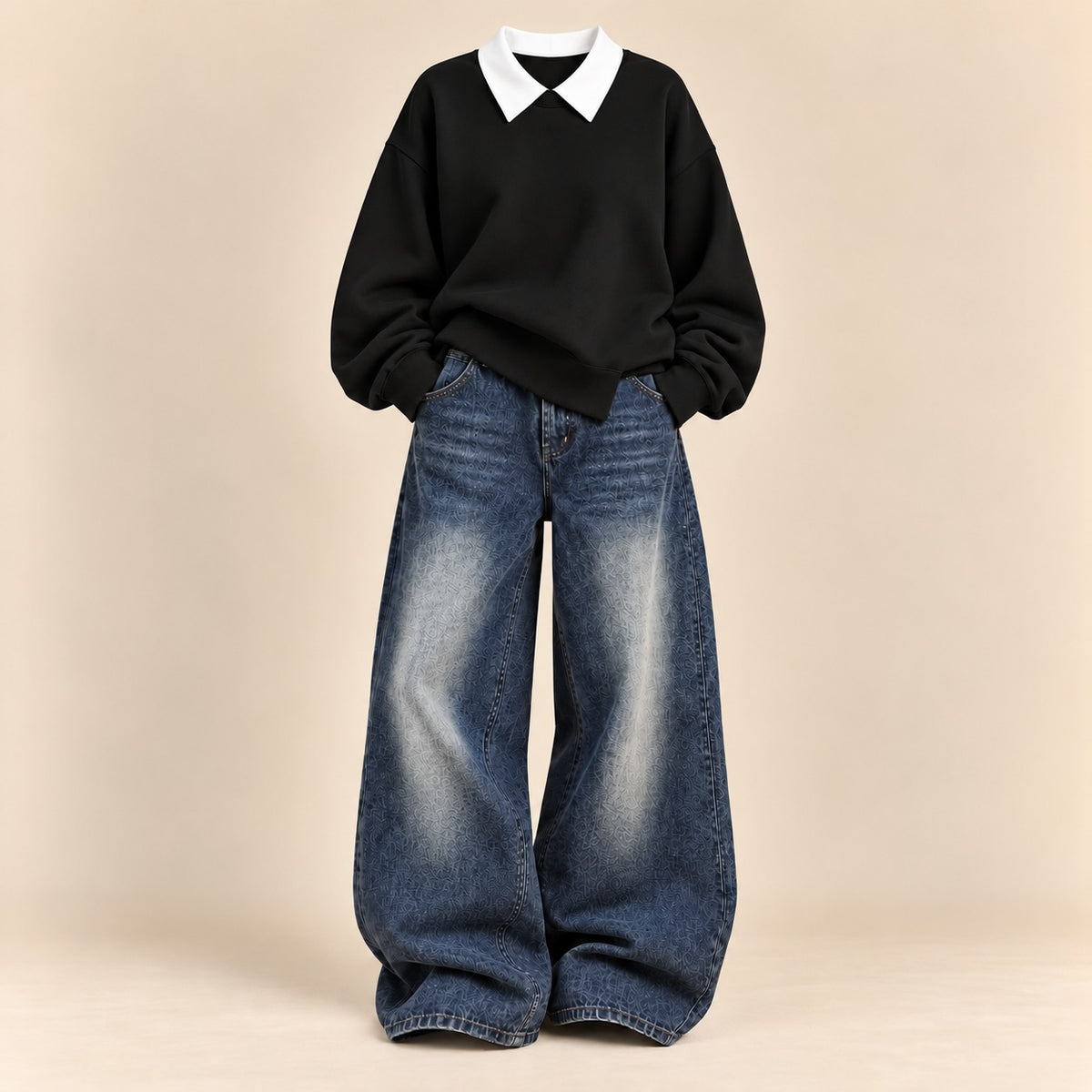 BLACK COLLAR SWEATSHIRT WITH DARK MID  BLUE VINTAGE FADED JEANNE