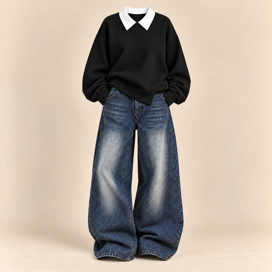 BLACK COLLAR SWEATSHIRT WITH DARK MID  BLUE VINTAGE FADED JEANNE