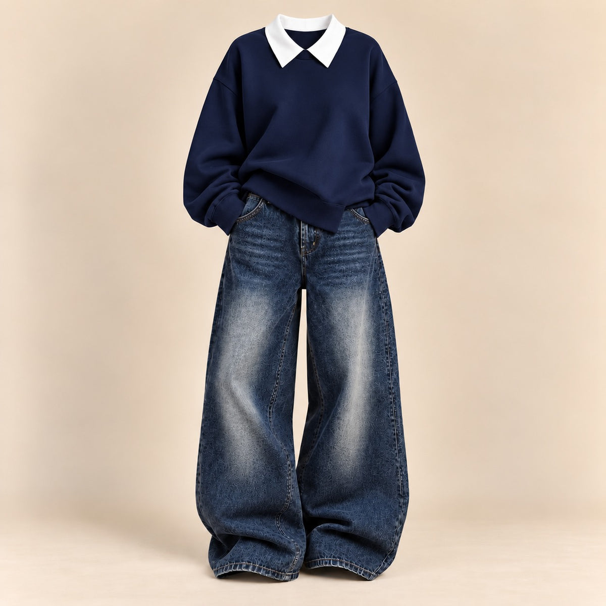 NAVY BLUE COLLAR SWEATSHIRT  WITH DARK MID  BLUE VINTAGE FADED JEANNE (Copy)