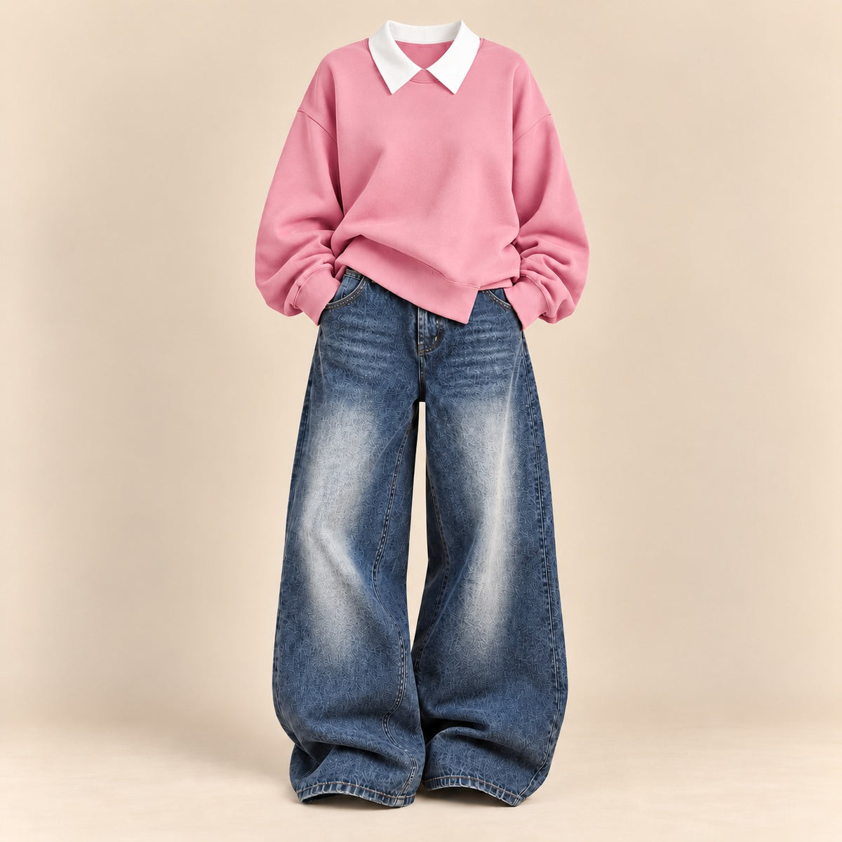 PINK  COLLAR SWEATSHIRT  WITH DARK MID  BLUE VINTAGE FADED JEANNE