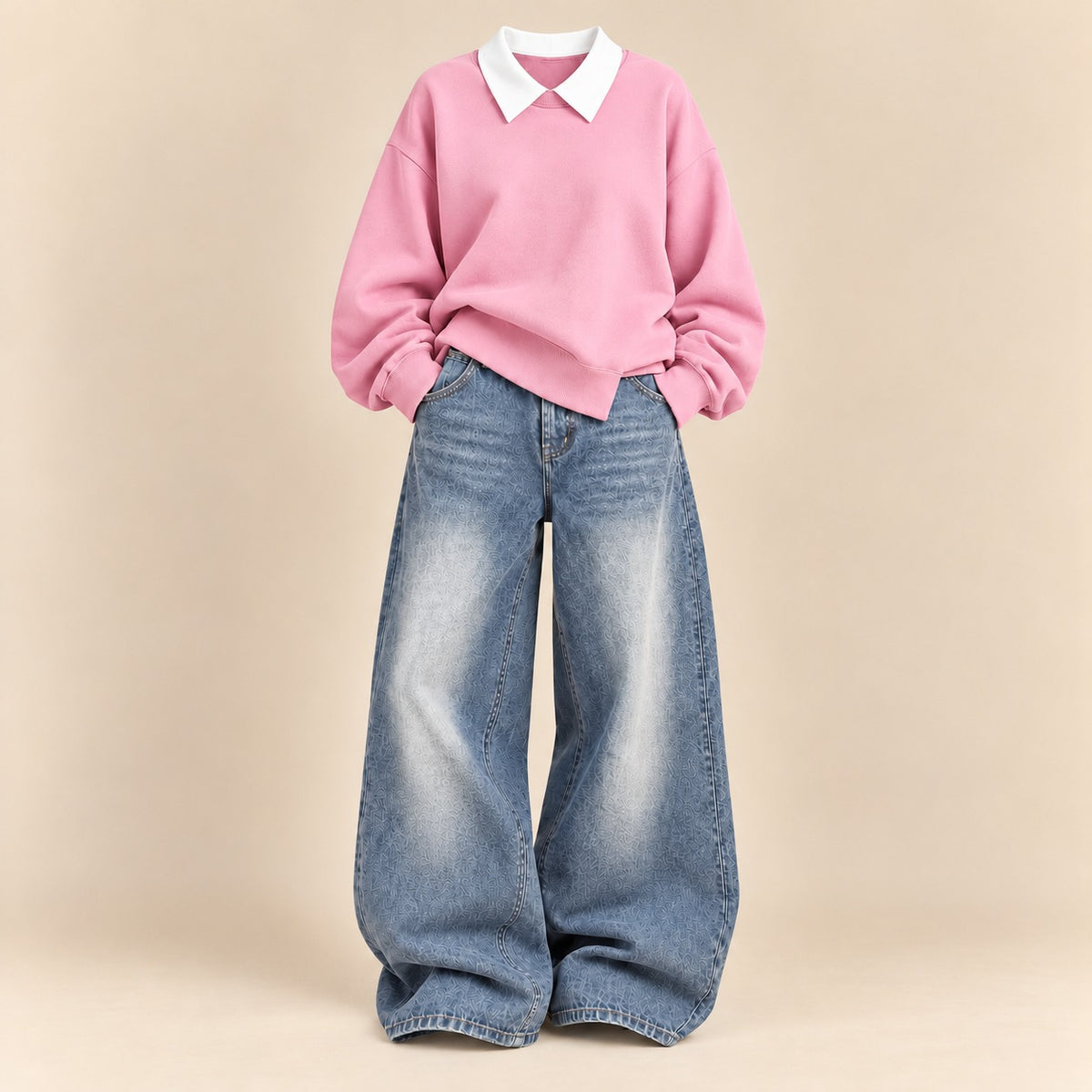 PINK COLLAR SWEATSHIRT  WITH ICE BLUE VINTAGE FADED JEANNE