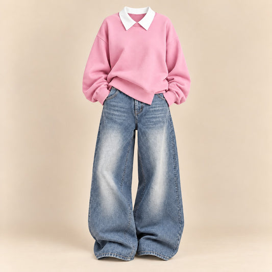 PINK COLLAR SWEATSHIRT  WITH ICE BLUE VINTAGE FADED JEANNE