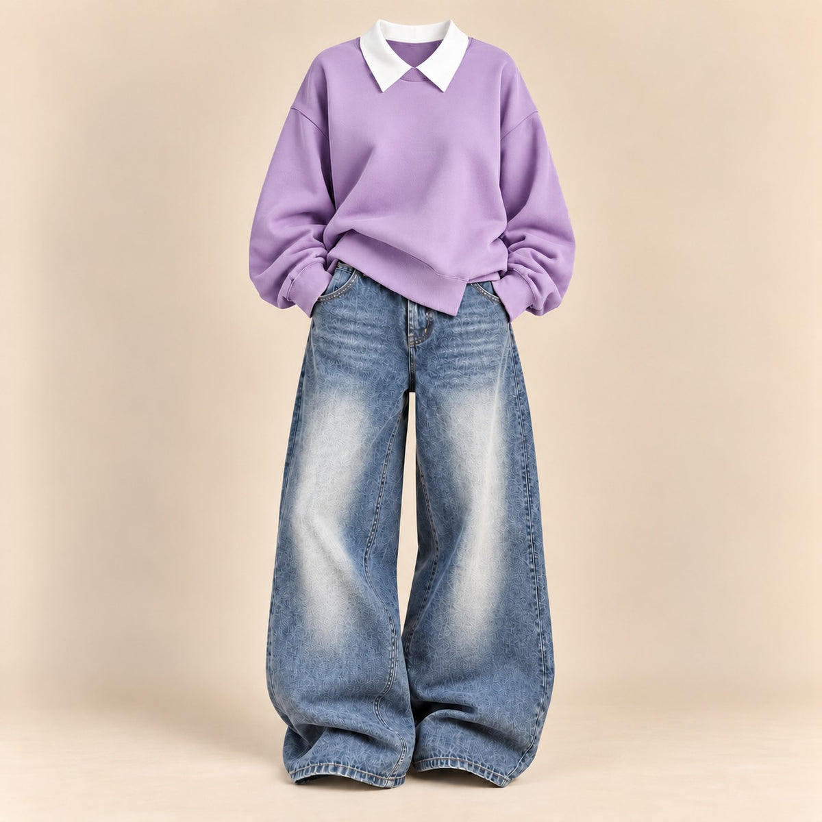 LILAC COLLAR SWEATSHIRT  WITH ICE BLUE VINTAGE FADED JEANNE