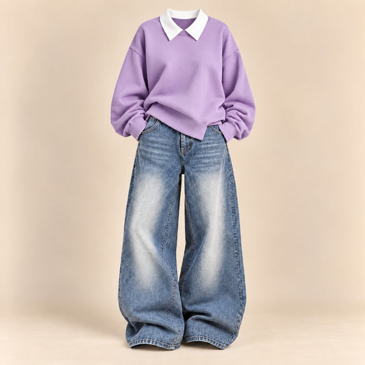 LILAC COLLAR SWEATSHIRT  WITH ICE BLUE VINTAGE FADED JEANNE