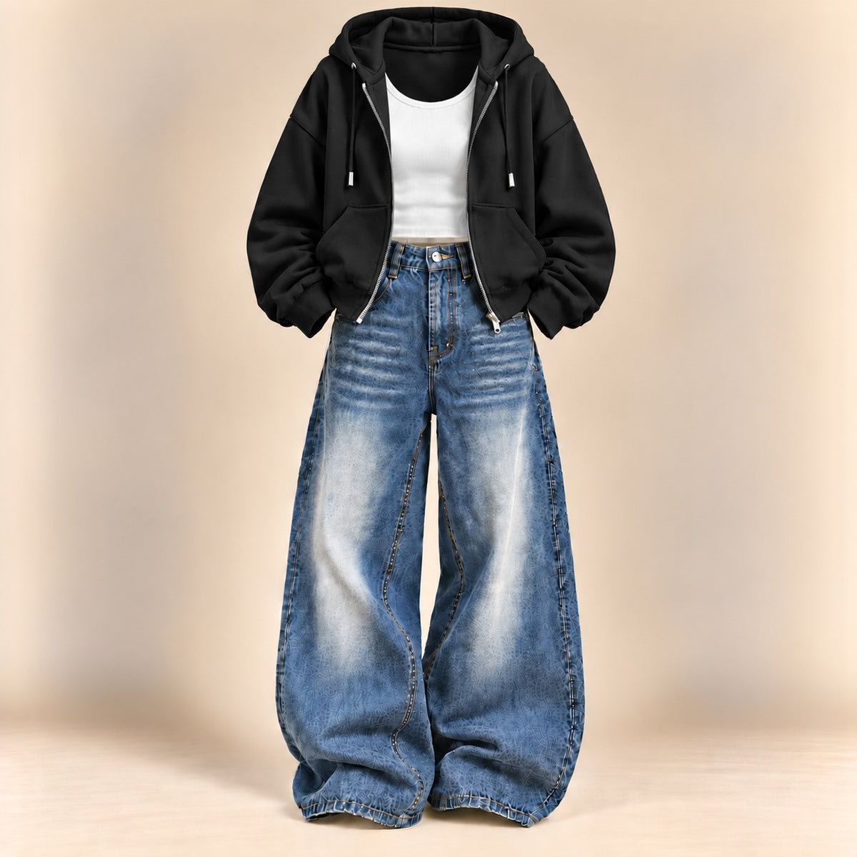 BLACK ZIPPER HOODIE WITH WHITE TANK TOP AND DARK  BLUE VINTAGE FADED WIDE  LEG  JEANS (Copy)