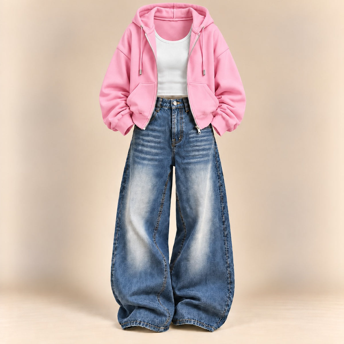 PINK ZIPPER HOODIE WITH WHITE TANK TOP AND DARK  BLUE VINTAGE FADED WIDE  LEG  JEANS (Copy 2)