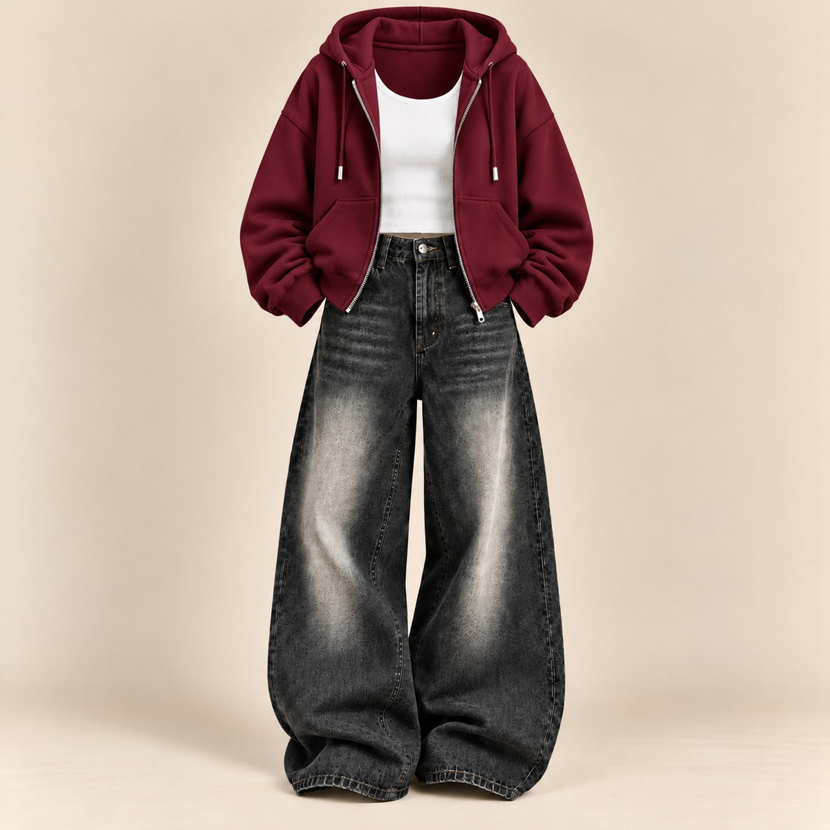 MAROON ZIPPER HOODIE WITH WHITE TANK TOP AND BLACK VINTAGE FADED WIDE  LEG  JEANS (Copy 3)