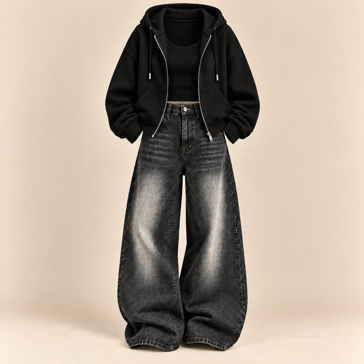 BLACK ZIPPER HOODIE WITH BLACK TANK TOP AND BLACK VINTAGE FADED WIDE  LEG  JEANS (Copy 4)
