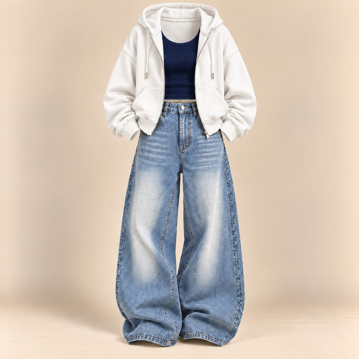 WHITE ZIPPER HOODIE WITH NAVY BLUE TANK TOP AND SKY BLUE VINTAGE FADED WIDE  LEG  JEANS (Copy 5)