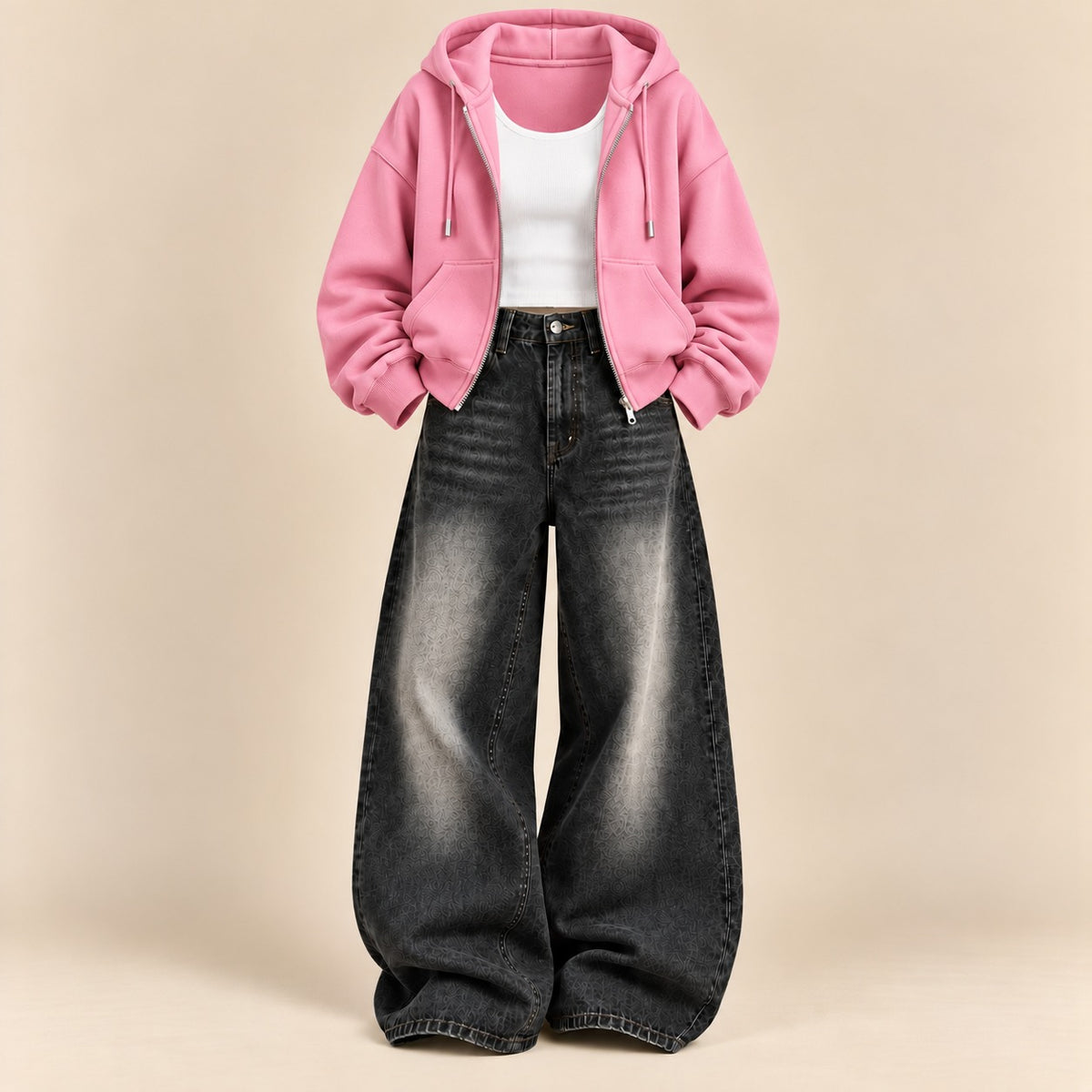 PINK ZIPPER HOODIE WITH WHITE TANK TOP AND BLACK VINTAGE FADED WIDE  LEG  JEANS (Copy 6)