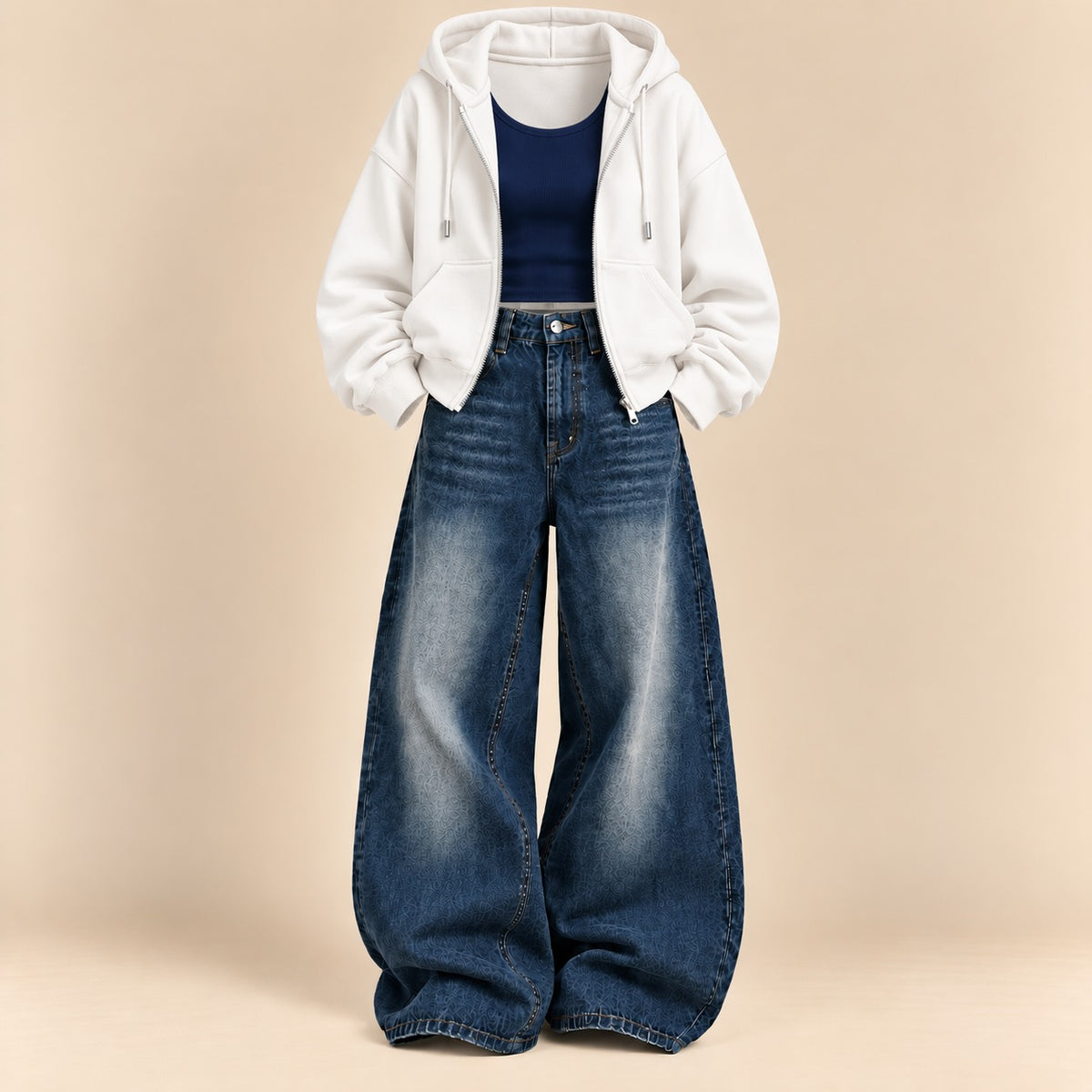 WHITE ZIPPER HOODIE WITH NAVY BLUE TANK TOP AND MID BLUE VINTAGE FADED WIDE  LEG  JEANS (Copy 7)