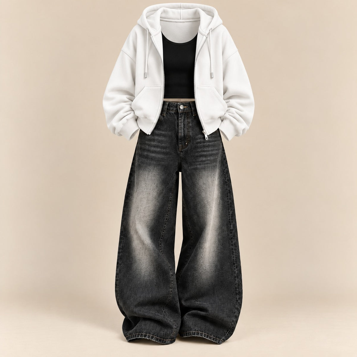 WHITE ZIPPER HOODIE WITH BLACK TANK TOP AND BLACK VINTAGE FADED WIDE  LEG  JEANS (Copy 8)