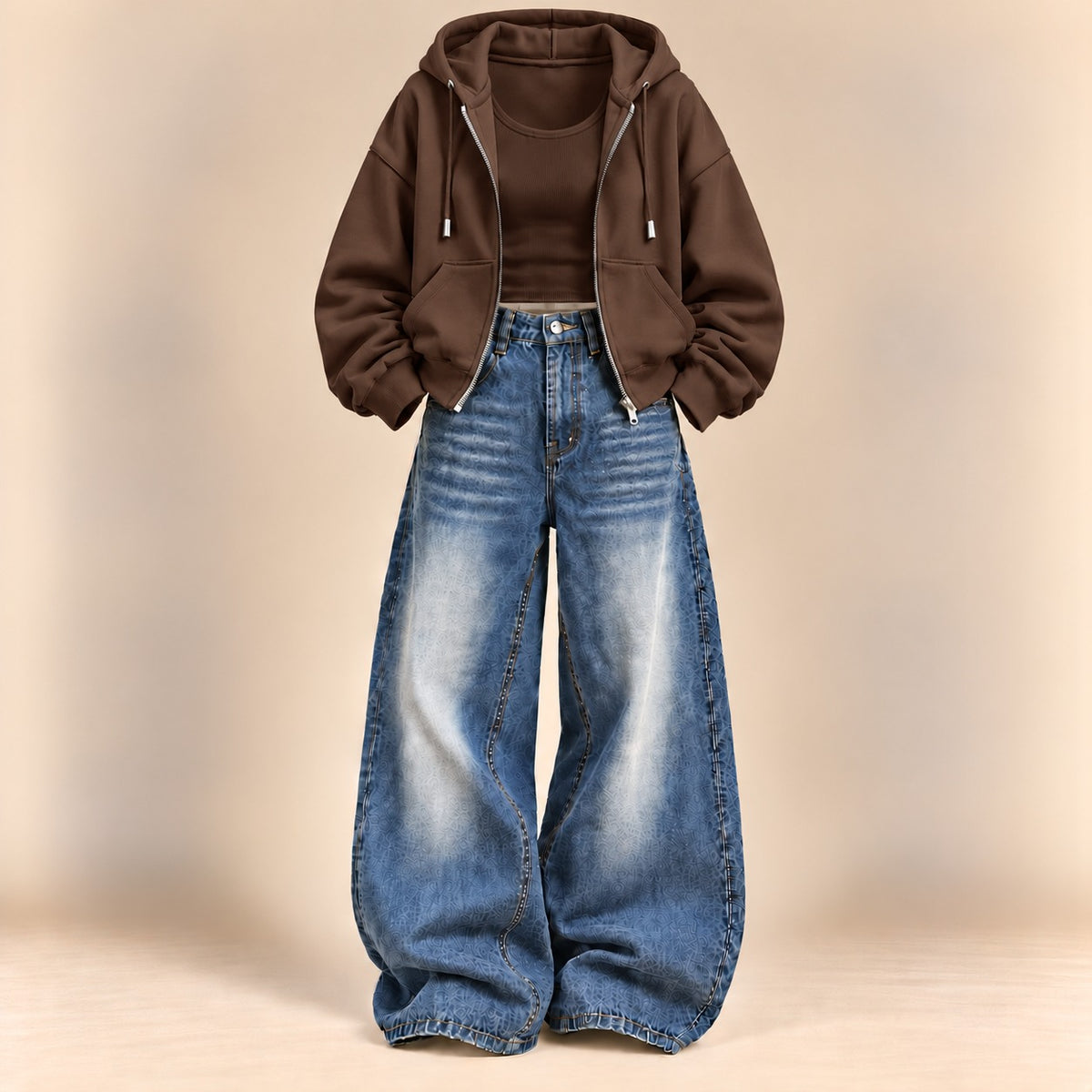 BROWN ZIPPER HOODIE WITH BROWN TANK TOP AND DARK BLUE VINTAGE FADED WIDE  LEG  JEANS (Copy 9)
