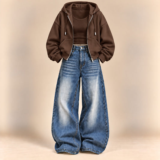 BROWN ZIPPER HOODIE WITH BROWN TANK TOP AND DARK BLUE VINTAGE FADED WIDE  LEG  JEANS (Copy 9)