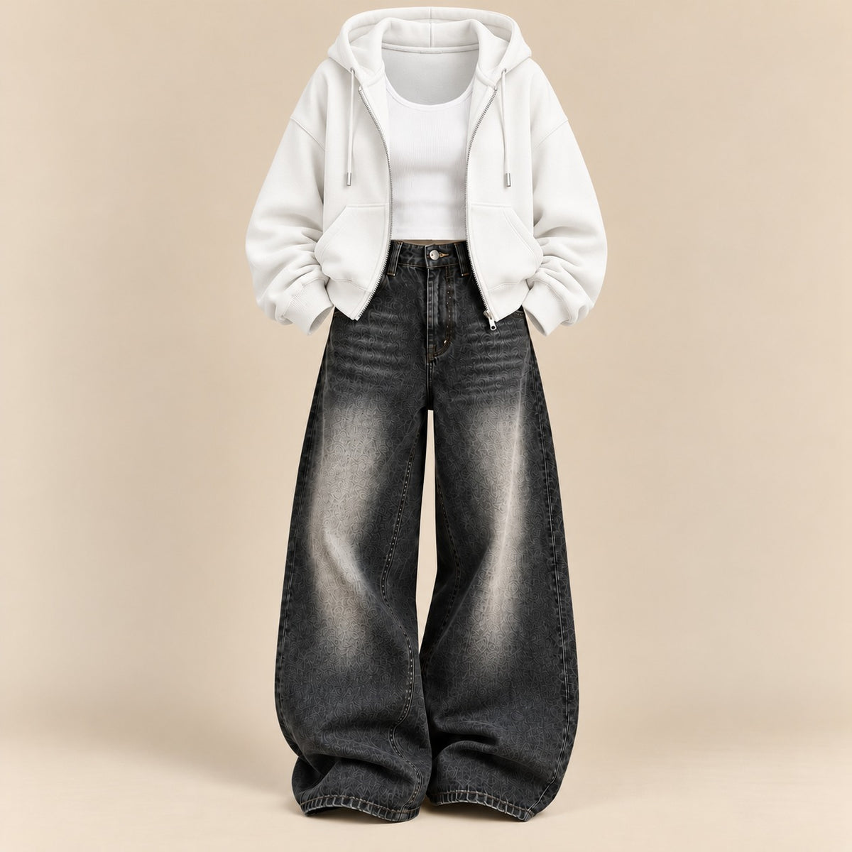 WHITE ZIPPER HOODIE WITH WHITE TANK TOP AND BLACK VINTAGE FADED WIDE  LEG  JEANS (Copy 10)