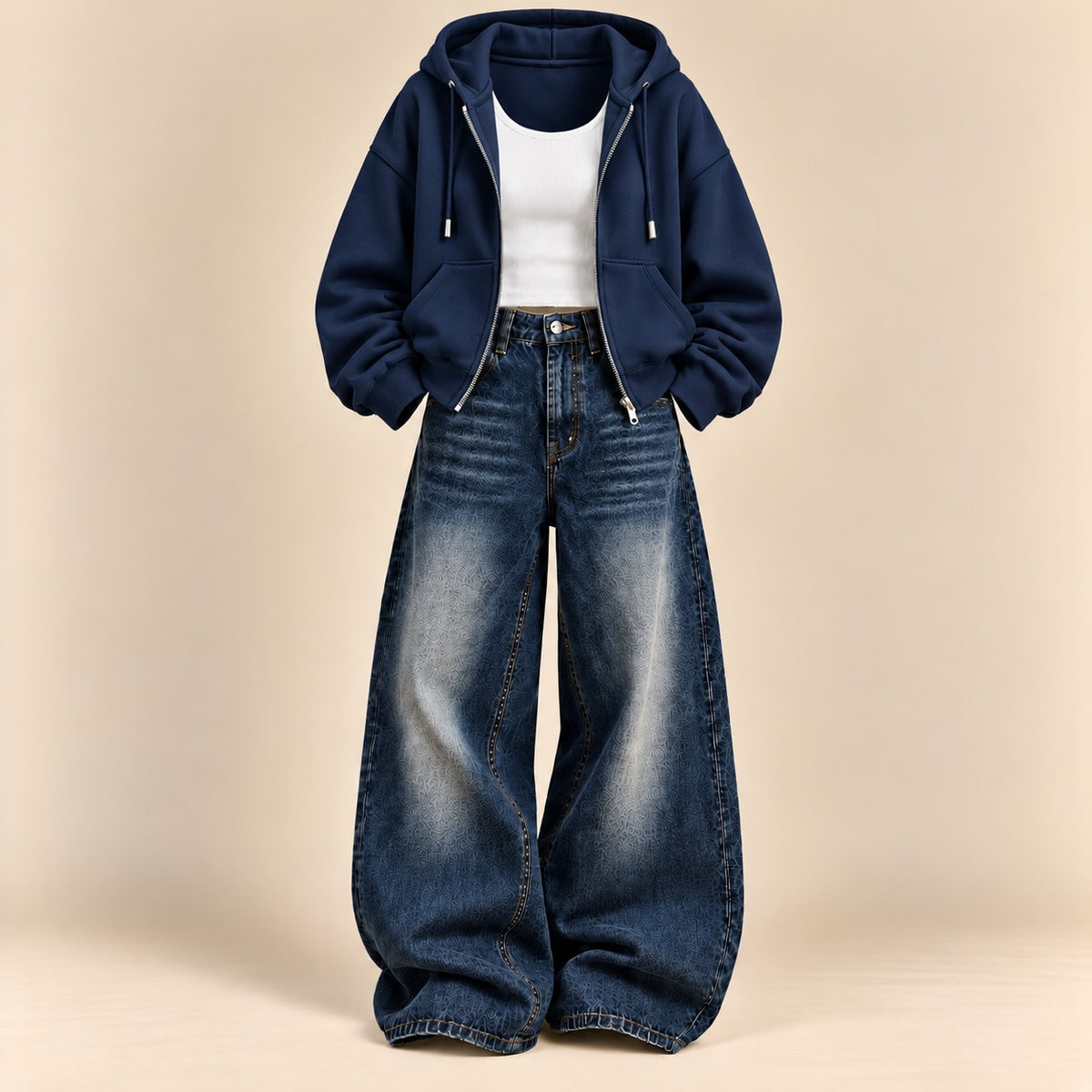 NAVY BLUE ZIPPER HOODIE WITH WHITE TANK TOP AND MID BLUE VINTAGE FADED WIDE  LEG  JEANS (Copy 11)