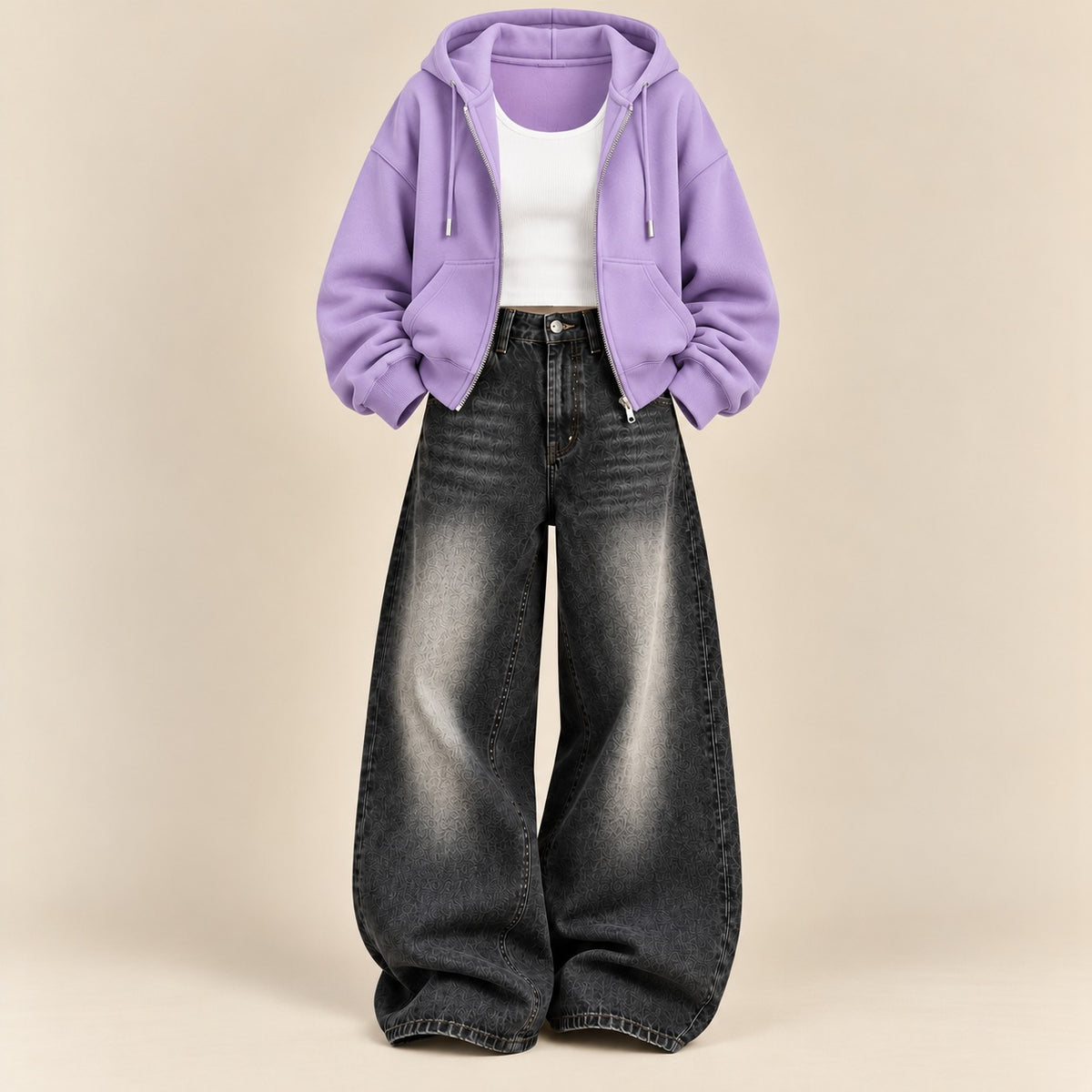 LILAC ZIPPER HOODIE WITH WHITE TANK TOP AND BLACK VINTAGE FADED WIDE  LEG  JEANS (Copy 12)