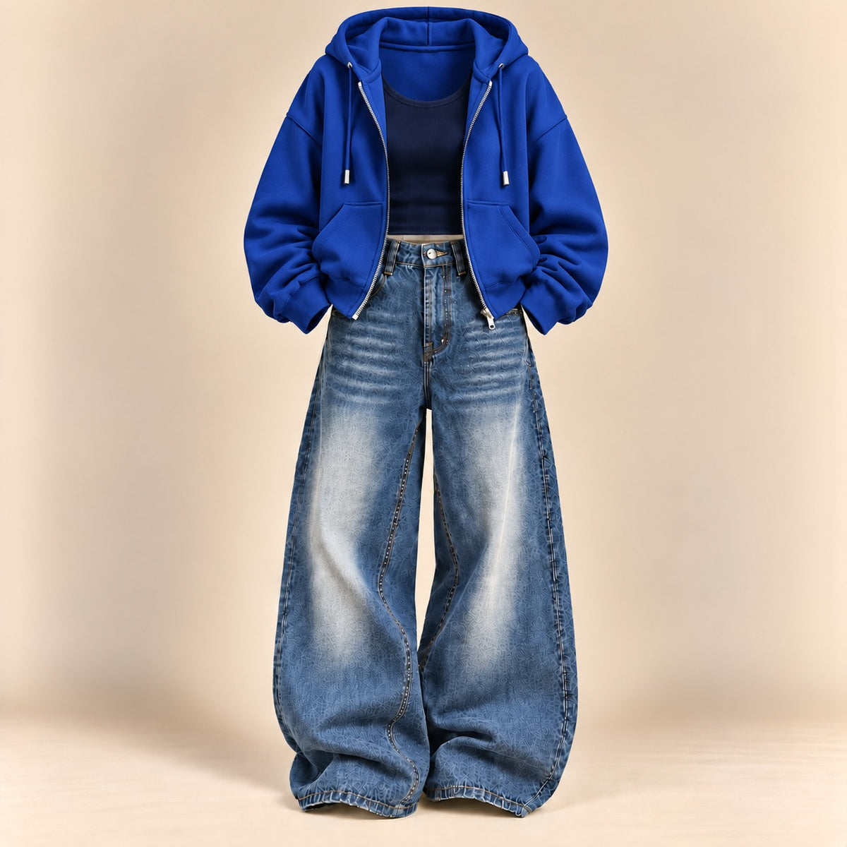 ROYAL BLUE ZIPPER HOODIE WITH NAVY BLUE TANK TOP AND DARK BLUE VINTAGE FADED WIDE  LEG  JEANS (Copy 13)