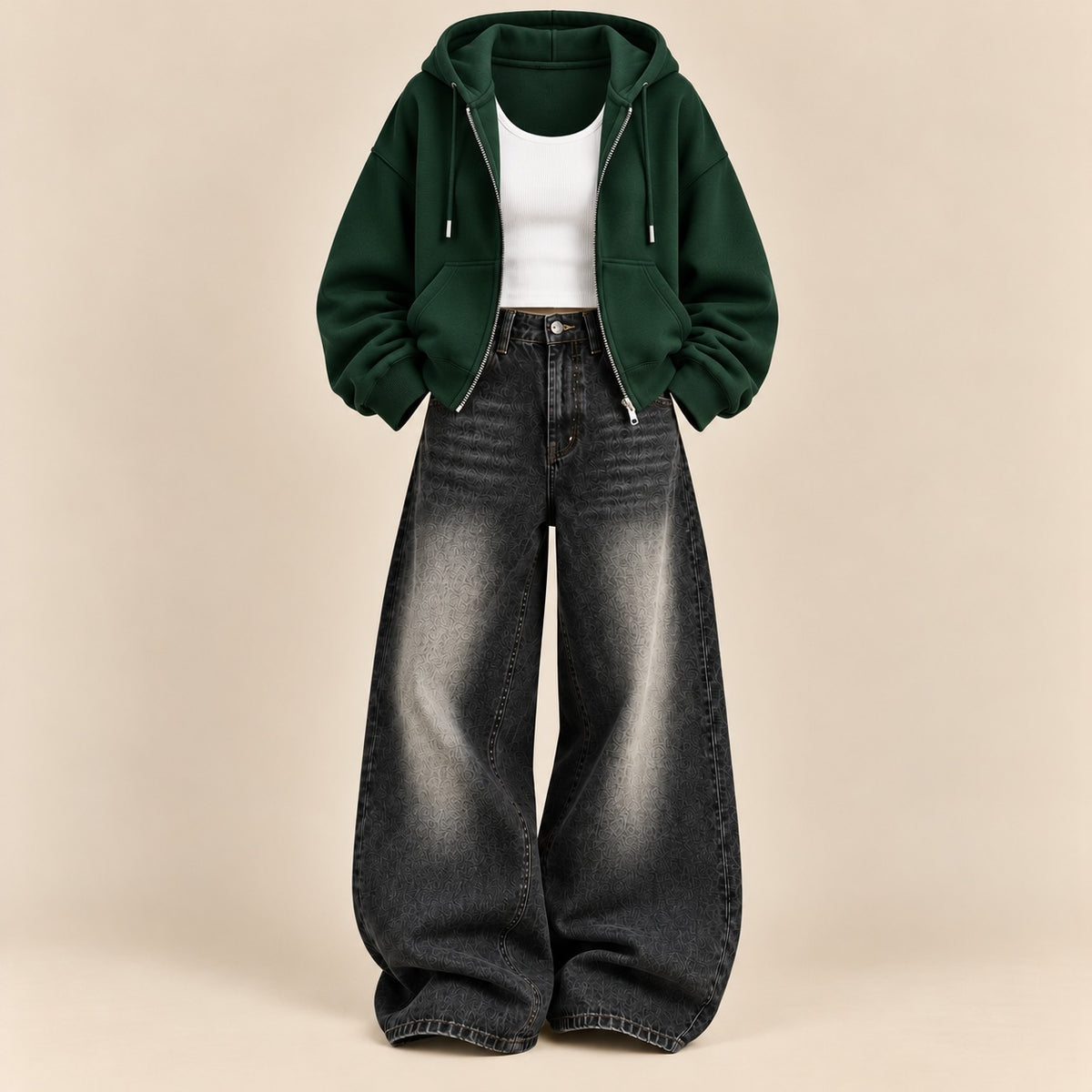 BOTTLE GREEN ZIPPER HOODIE WITH WHITE TANK TOP AND BLACK VINTAGE FADED WIDE  LEG  JEANS (Copy 14)