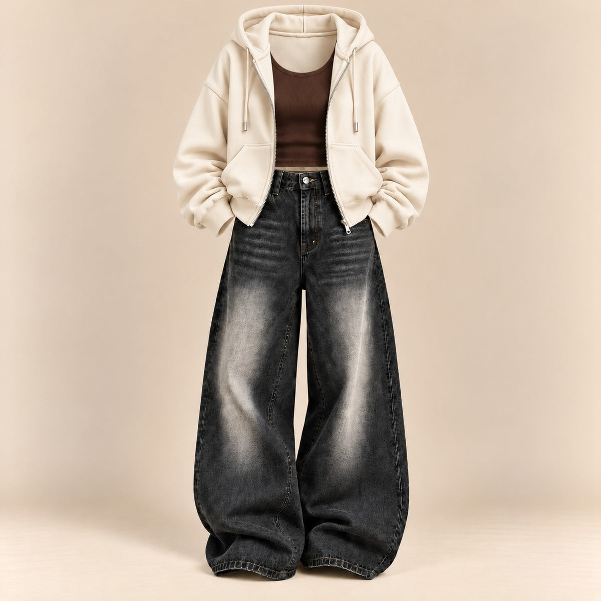 BEIGE ZIPPER HOODIE WITH BROWN TANK TOP AND BLACK VINTAGE FADED WIDE  LEG  JEANS (Copy 15)