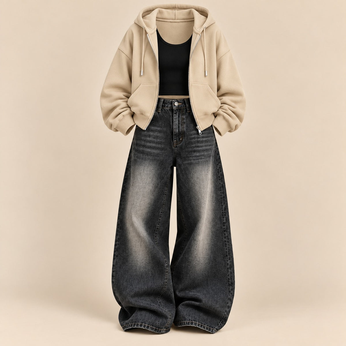 BEIGE ZIPPER HOODIE WITH BLACK TANK TOP AND BLACK VINTAGE FADED WIDE  LEG  JEANS (Copy 16)