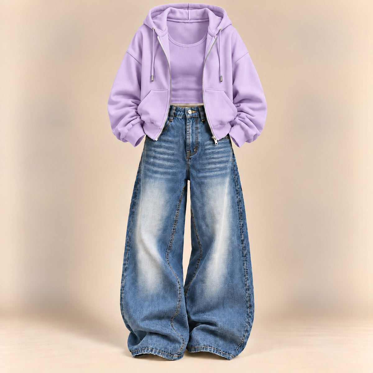 LILAC ZIPPER HOODIE WITH LILAC TANK TOP AND DARK BLUE VINTAGE FADED WIDE  LEG  JEANS (Copy 17)