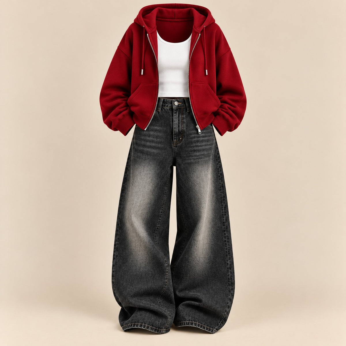 RED ZIPPER HOODIE WITH WHITE TANK TOP AND BLACK VINTAGE FADED WIDE JEANS