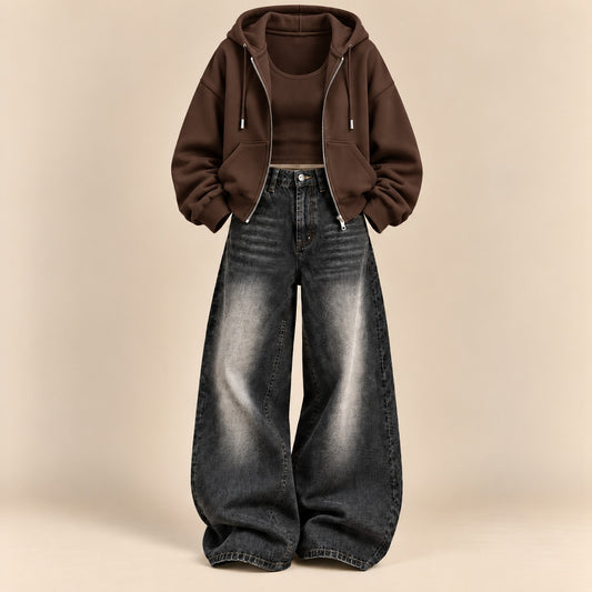 BROWN ZIPPER HOODIE WITH BROWN TANK TOP AND BLACK VINTAGE FADED WIDE  LEG  JEANS (Copy 17)