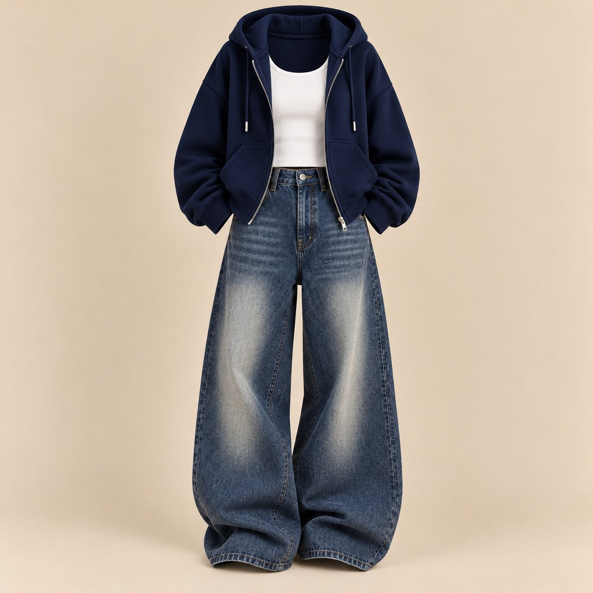NAVY BLUE ZIPPER HOODIE WITH WHITE TANK TOP AND MID BLUE VINTAGE FADED WIDE  LEG  JEANS (Copy 18)