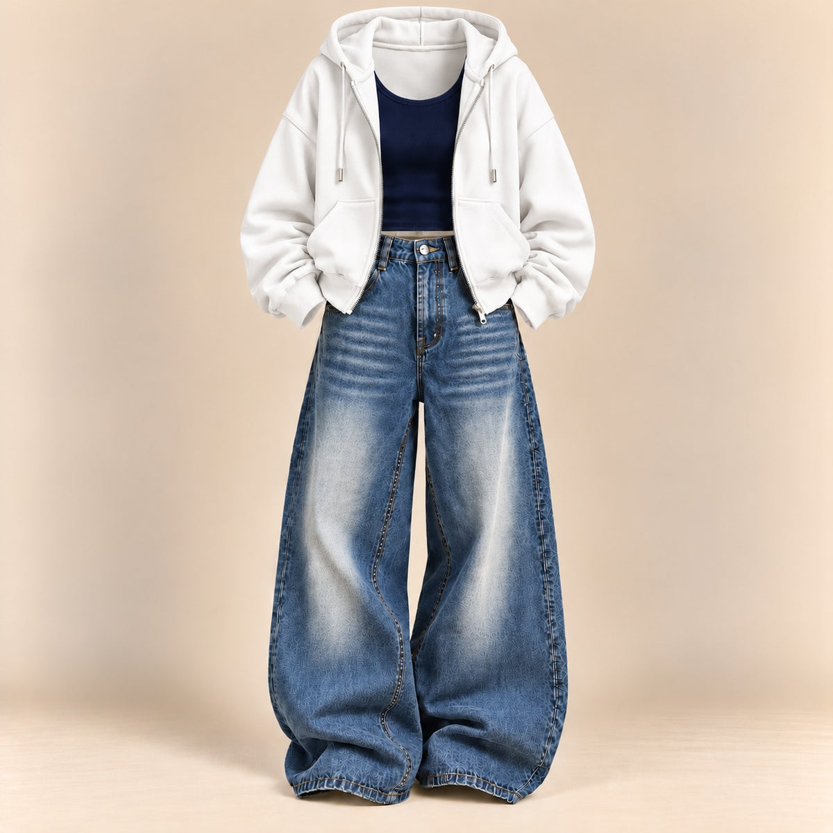 WHITE ZIPPER HOODIE WITH NAVY BLUE TANK TOP AND DARK BLUE VINTAGE FADED WIDE  LEG  JEANS (Copy 19)