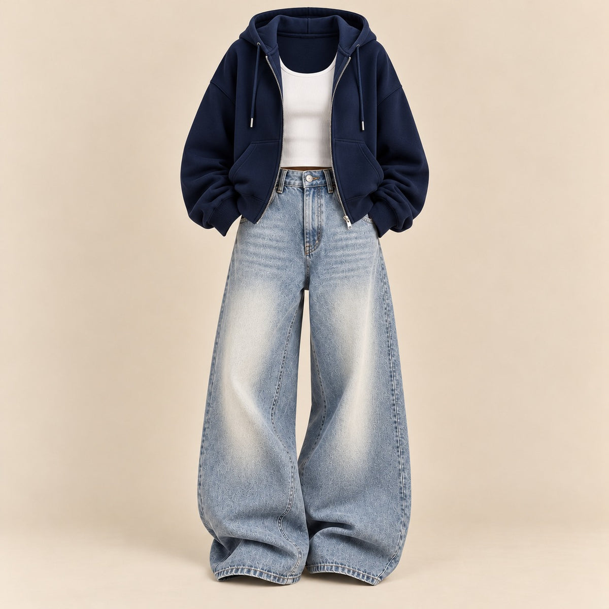 NAVE BLUE ZIPPER HOODIE WITH WHITE TANK TOP AND ICE BLUE VINTAGE FADED WIDE  LEG  JEANS (Copy 20)