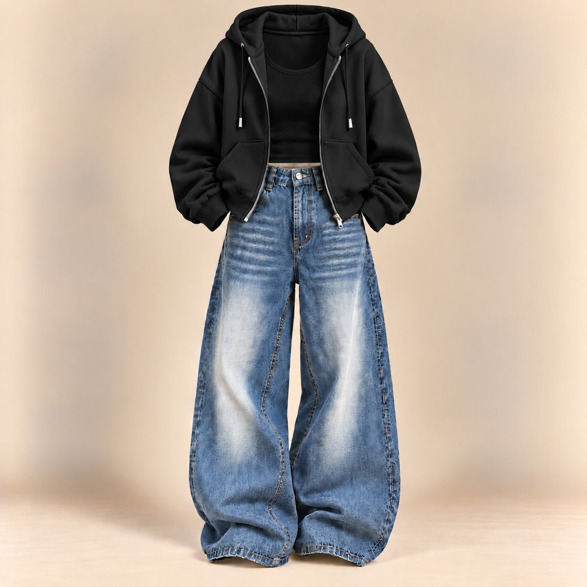 BLACK ZIPPER HOODIE WITH BLACK TANK TOP AND DARK BLUE VINTAGE FADED WIDE  LEG  JEANS (Copy 21)