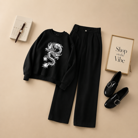 DRAGON BLACK SWEATSHIRT WITH BLACK WIDE LEG JEANS