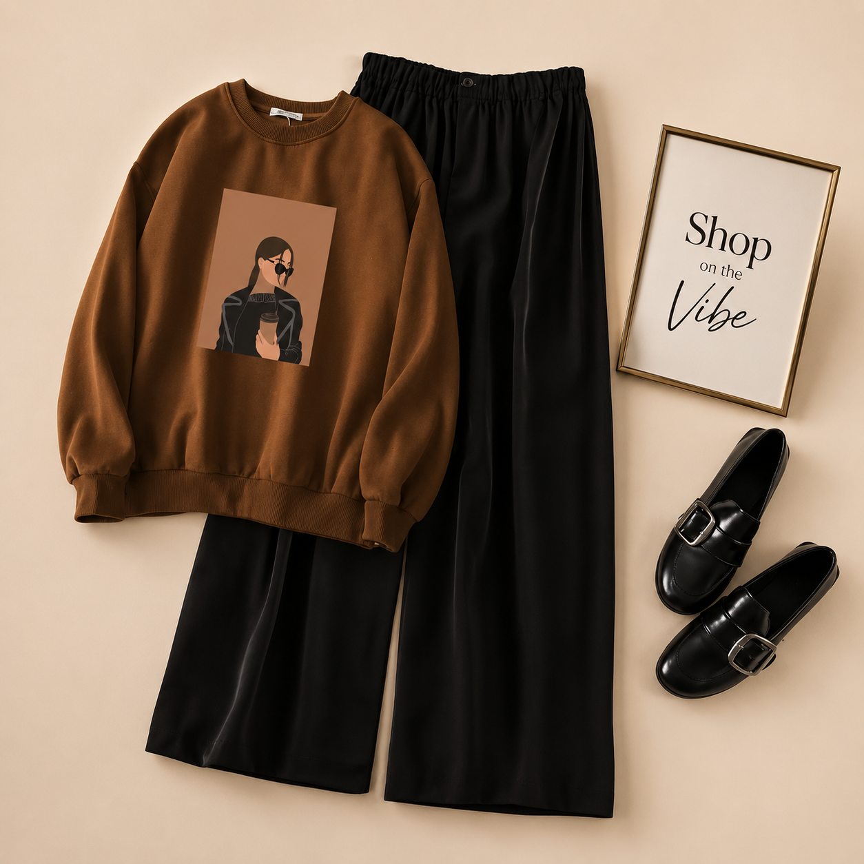 COFEE GIRL BROWN SWEATSHIRT WITH BLACK FLAPPER  TROUSER
