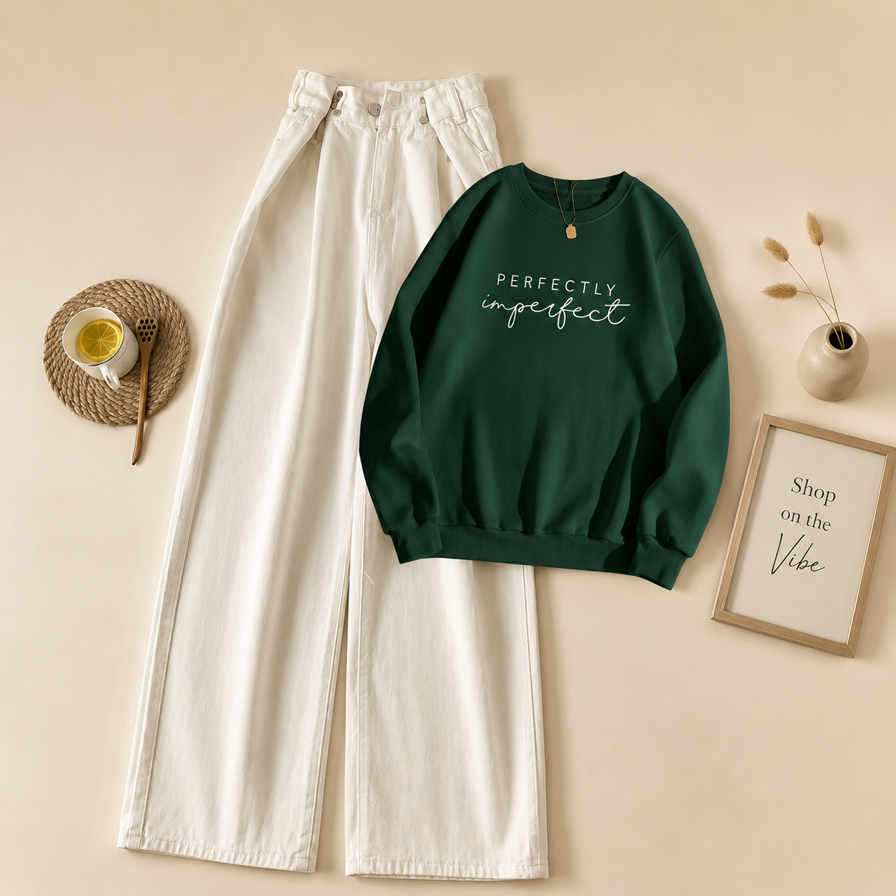 BOTTLE GREEN PERFECTLY IMPERFECT SWEATSHIRT WITH WHITE WIDE LEG